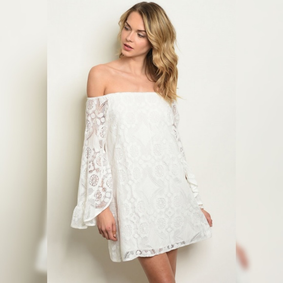 Ivory Off Shoulder Bell Sleeve Dress - Picture 2 of 3